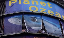 Megaposter zur neuen Ausstellung „Planet Ozean“ an der Fassade des Oberhausener Gasometer angebracht